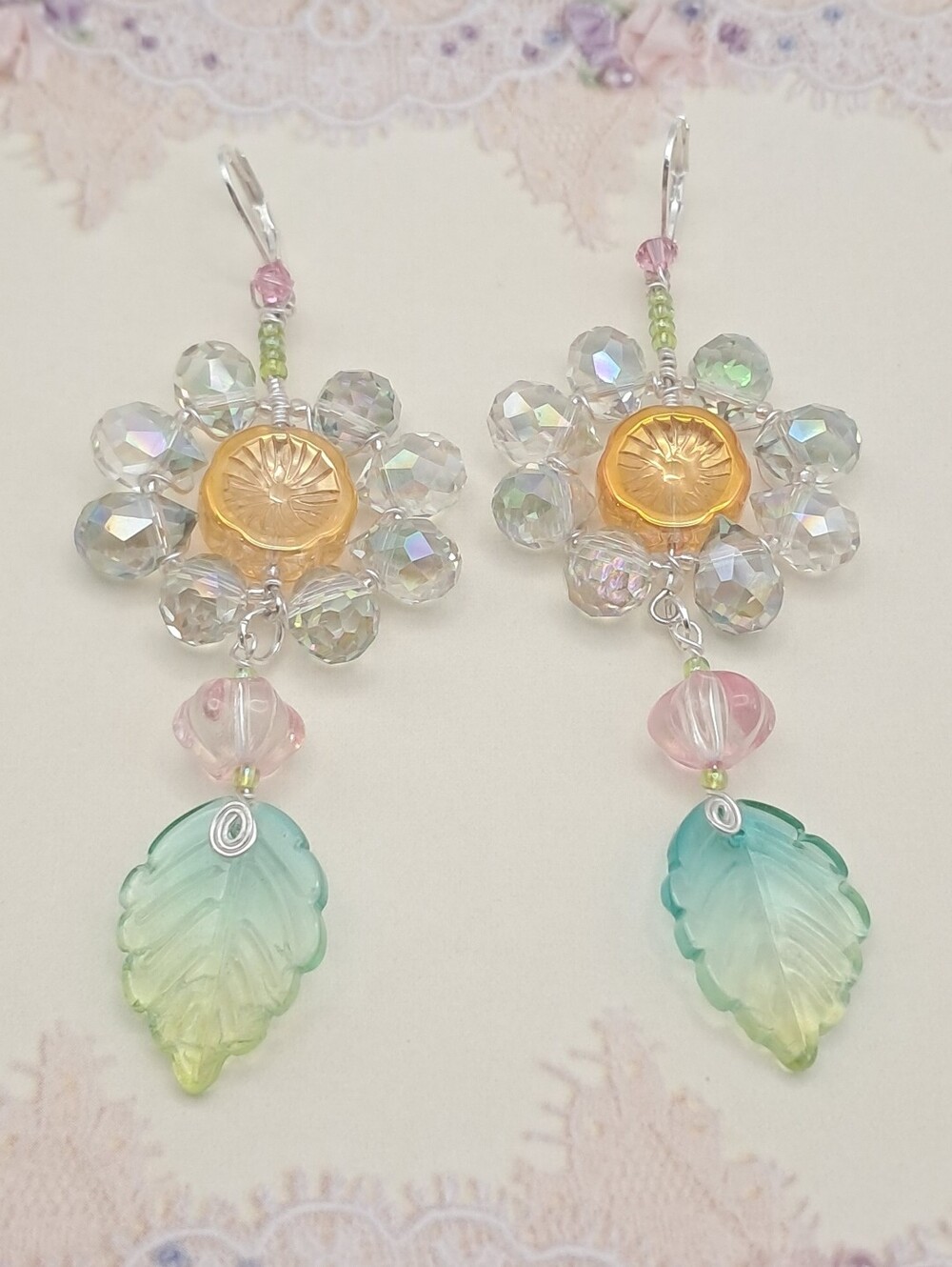 Whimsical Daisy Flower Czech Glass & Crystals from Swarovski Drop Earrings 925